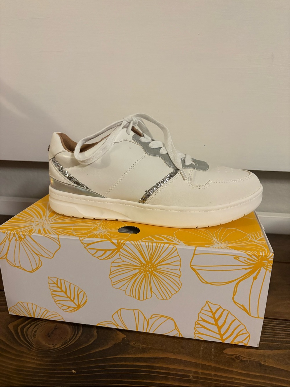 Yellow Box White Sneakers with Silver Accents